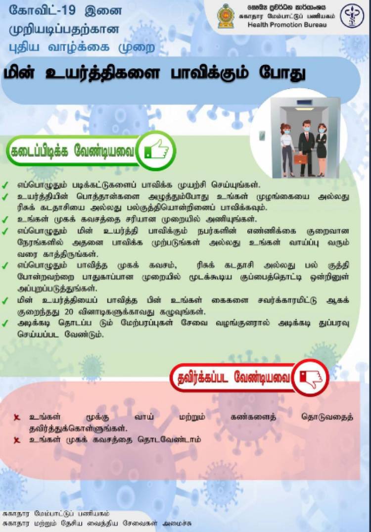 கொவிட் - 19 இனை முறியடிப்பதற்கான புதிய வாழ்க்கை முறை - 1 (மின் உயர்த்திகளை பாவிக்கும் போது) 